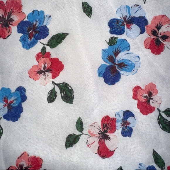 Ann Taylor White Spring Floral Chiffon Lined Short Sleeve Blouse V-neck w Scarf - Picture 4 of 9